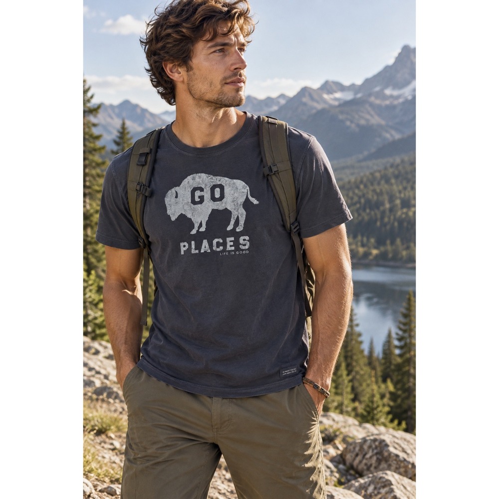 Life is Good Mens Go Places Buffalo Graphic T-Shirt Charcoal Grey Large